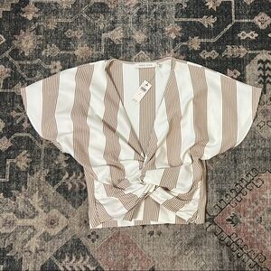 Bishop + Young White and Brown Tie Front Blouse